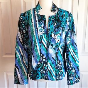 Molly & Maxx Petite Blue Abstract Peacock Print Full Zip Blazer Jacket MP